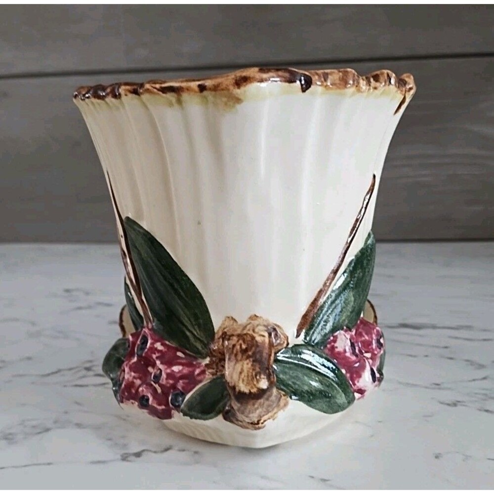 McCoy Pottery Fancy Leaf Berry Planter On Attached Saucer Vintage Art Pottery - Picture 6 of 8